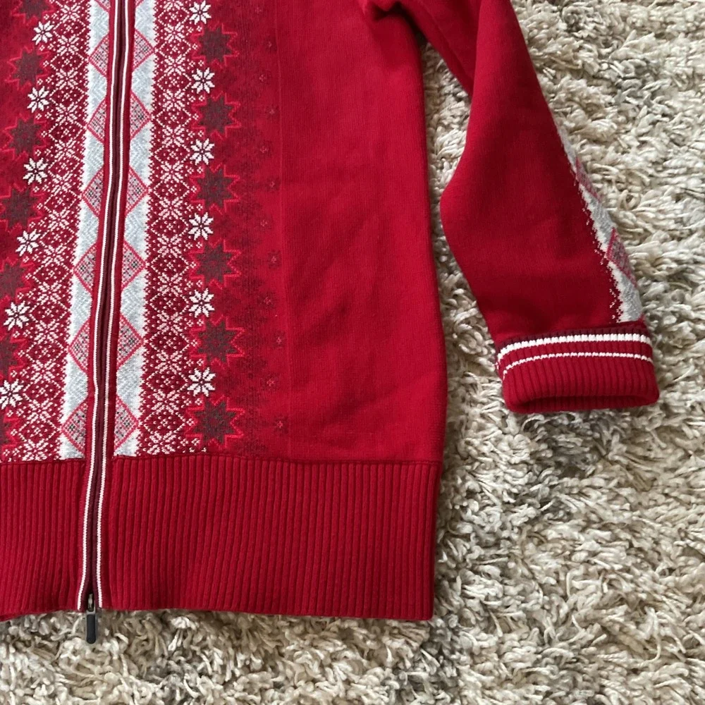 Eddie Bauer Womens Red Fair Isle Full Zip Nordic Snowflake Sweater Mock‎ Neck L